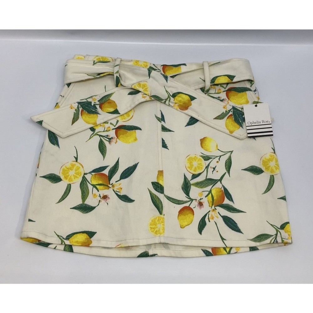 NWT Ophelia Roe Lemon Print Denim Skirt w/ Pockets Tie Belt Size 4